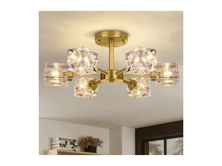 Modern Crystal Chandelier, 6-Light Gold Flush Ceiling Light - Image 1