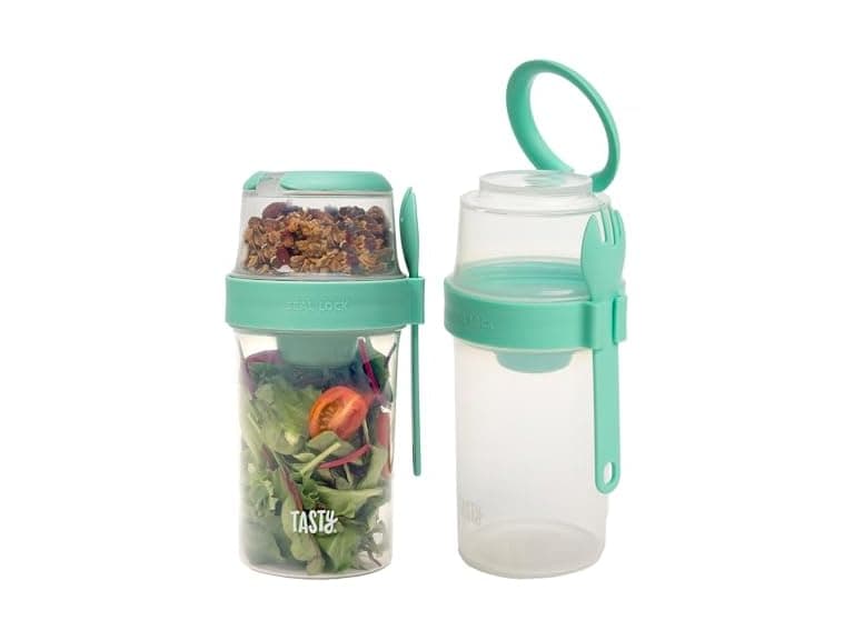 Tasty Salad Shakers with Sporks, 2-Pack Set, Aqua - Image 1