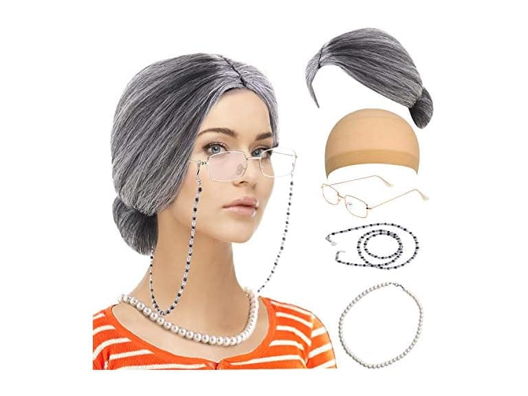 Feacole Old Lady Costume Set Granny Wig - Image 1
