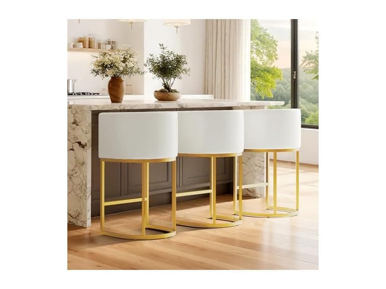 LVHOMLAX Modern Counter Height Bar Stools,Bar Stools Set of 3,Faux Leather Upholstered Barrel Barstools with Backs,26'' Kitchen Island Chairs,Gold Metal Frames,Beige White Leather (Open Box) - Image 1