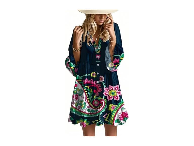 Opemiby Womens Flowy Boho Mini Dress - Image 1