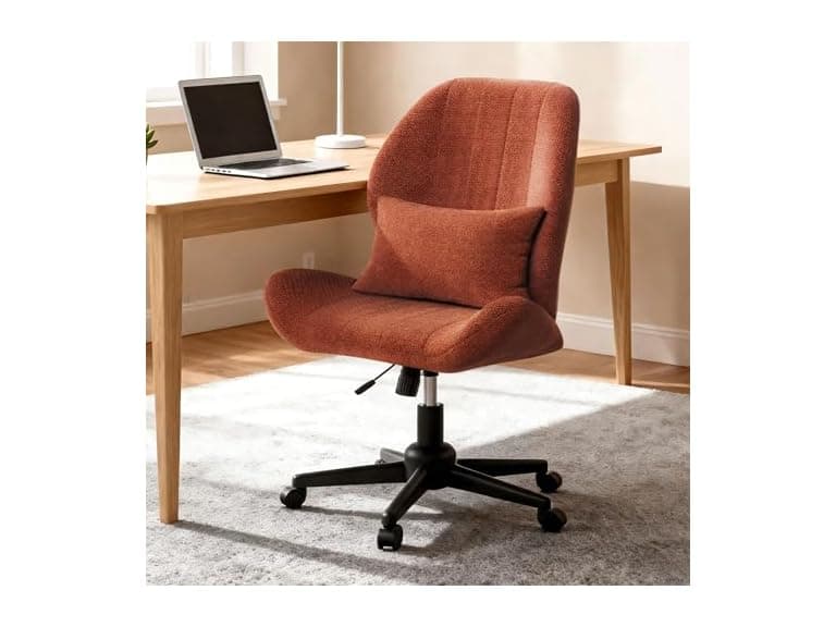 ZZW Criss Cross Chair with Wheels, Wide Cross Legged Office Chair Armless Comfy Desk Chair with Tall Back Vanity Chairs with Stress Relief Curved Design Seat for Bedroom & Office & Home Red Orange (Open Box) - Image 1