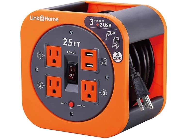 Link2Home 25' 16AWG Extension Cord Reel w/ USB - Image 1