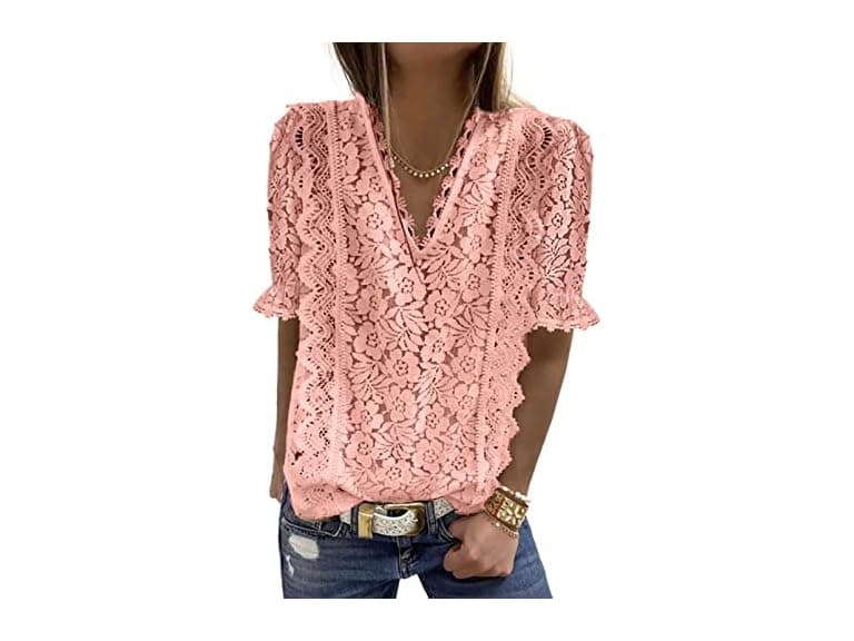 Shewin Women (M) Lace Tops Short Sleeve Shirts - Image 1