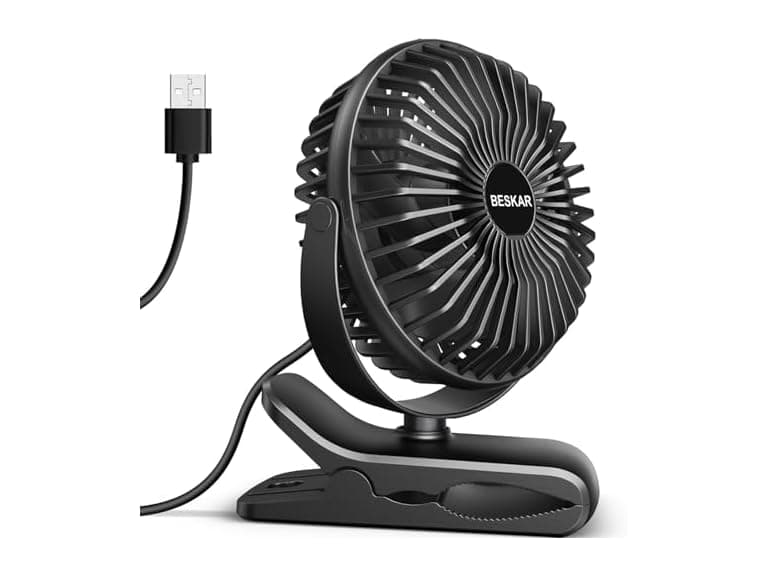 BESKAR Small Clip on Fan, 3 Speeds USB Plug - Image 1