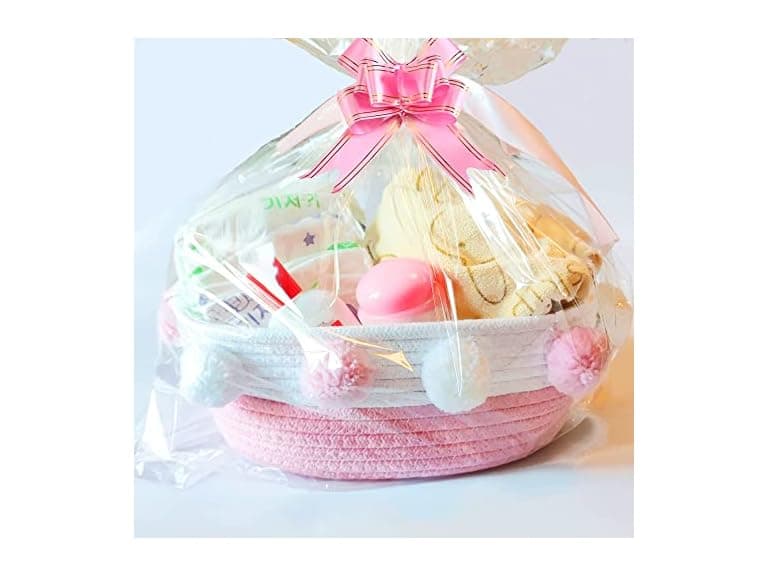 Small Pink Gift Basket With Pom Poms - Image 1