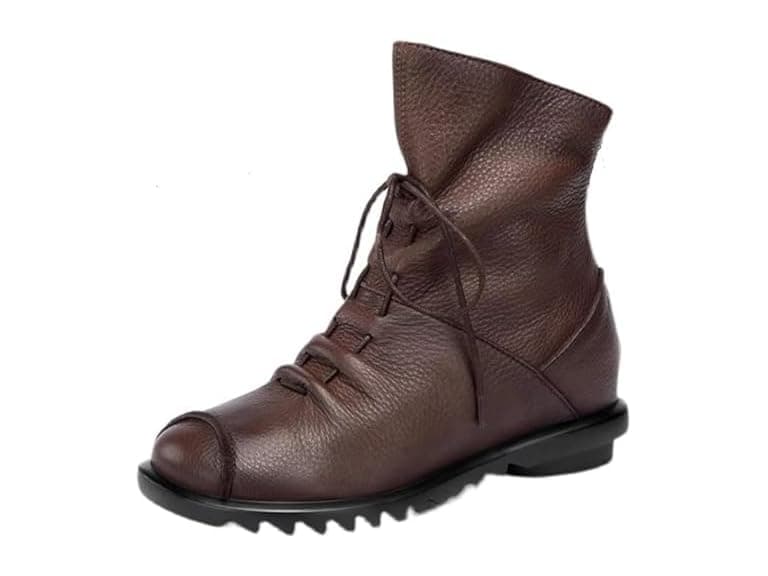 Women's Genuine Leather Flat Boots- Brown - Image 1