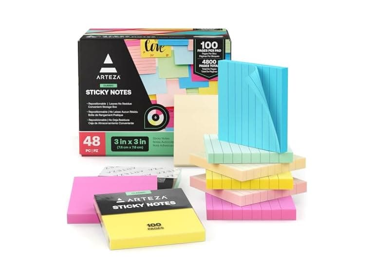 ARTEZA Sticky Notes, 3x3 Inches, 48 Lined & Blank Pads - Image 1