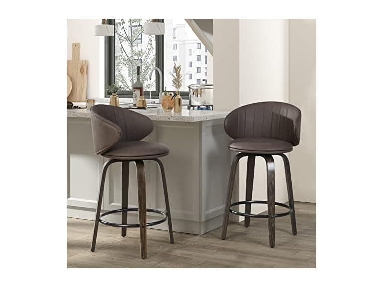 Modern Bar Stools Set of 2 Mid Century Bentwood Barstools Swivel Faux Leather Stools with Back for Kitchen Counter Restaurant, Brown (Open Box) - Image 1