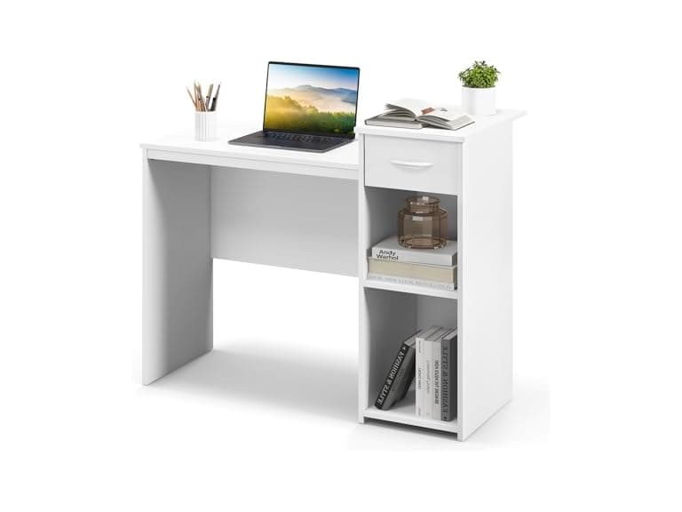 Tangkula White Desk with Drawer - Image 1