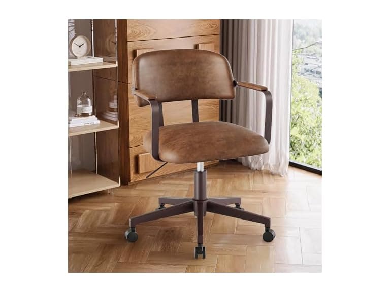 BERYTH Home Office Desk Chair, Mid-Century Modern Desk Chair with Padded Arms, Adjustable Seat Height, Mid Back 360° Small Computer Chair with Mobile Mute Wheel, PU Leather (Brown) (Open Box) - Image 1