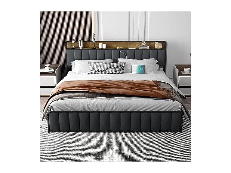GAOMON King Bed, Storage Headboard, Grey - Image 1
