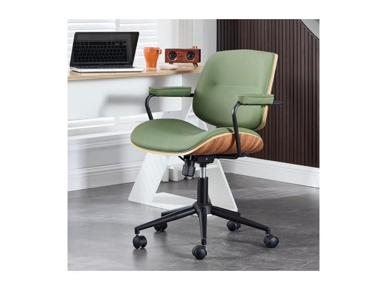 BV Mid Century Modern Office Chair Set of 1, Swivel Rolling Deak Chair with Armrests and Walnut Back, Adjustable Desk Chair for Home Office, Green (Open Box) - Image 1