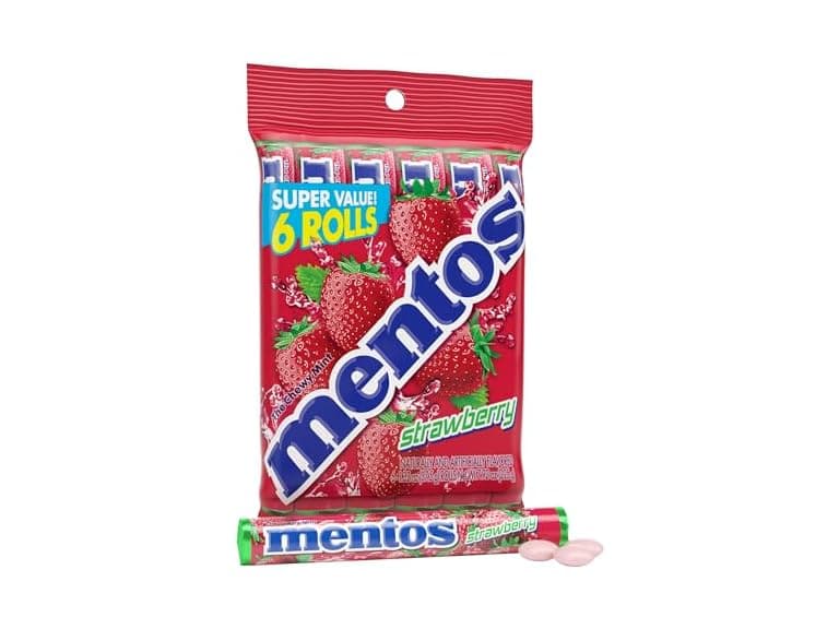 6CT Mentos Strawberry Chewy Mint Candy Roll - Image 1