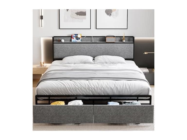 Full Bed Frame, Storage Headboard, Gray - Image 1