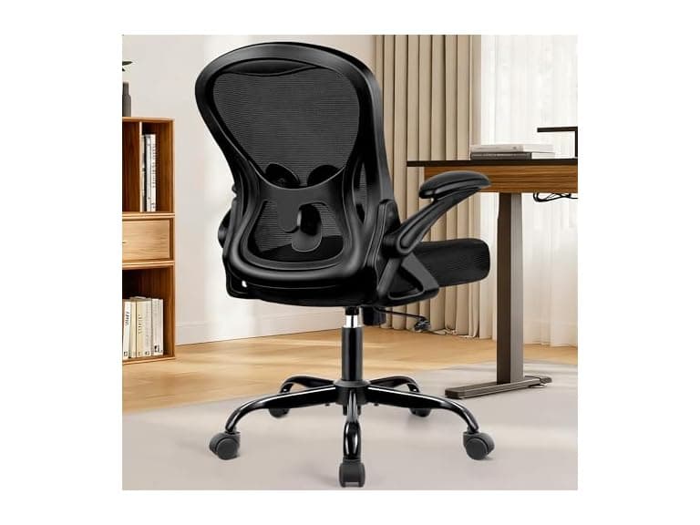 BESTFAIR Office Chair, Ergonomic Mesh Desk Chair with Adjustable Lumbar Support & Flip-Up Armrest, Mid Back Computer Chair, Swivel Task Rolling Chair for Home and Office (Black) (Open Box) - Image 1