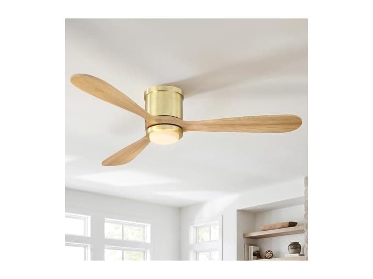 Parrot Uncle 52 Inch Flush Mount Solid Wood Ceiling Fan, Gold - Image 1