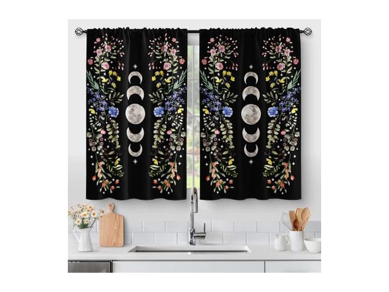 Boho Moon Floral Kitchen Curtains - Image 1