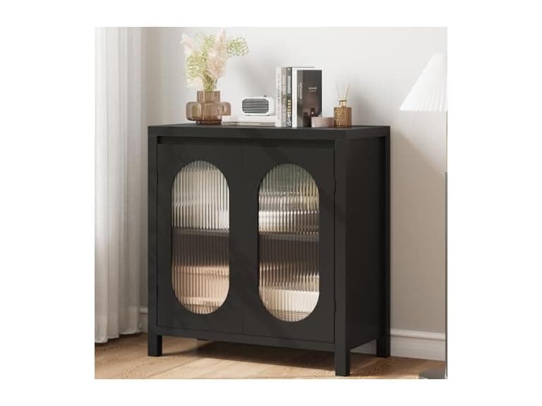 Retro Storage Cabinet, 30.1" Buffet Cabinet with Fluted Glass Doors Black - Image 1