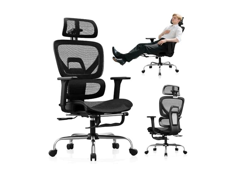Synorla Ergonomic Office Chair with Footrest, Mesh Desk Chair with 135° Recline, Adjustable Lumbar Support, 3D Armrests and Headrest, Swivel Computer Chair for Home Office (Open Box) - Image 1