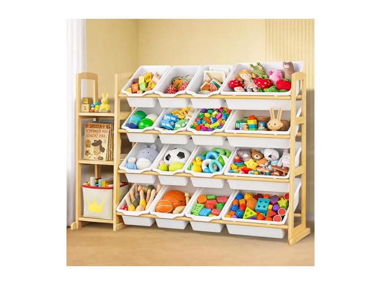 Etitlly Kids Toy Storage Organizer with Bookshelf – Wooden Shelf with 16 Bins & 3 Shelves, Quick Assembly Storage Rack for Playroom, Bedroom, Nursery - White (Open Box) - Image 1