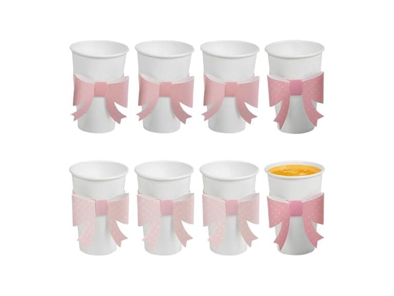 Fun Express White Disposable Paper Cups with Pink Bow - Image 1