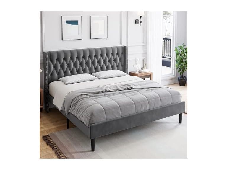 GAOMON King Bed Frame, Tufted Wingback, Gray - Image 1