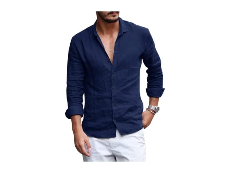 Runcati Men (M) Button Down Shirt Linen Long Tops - Image 1