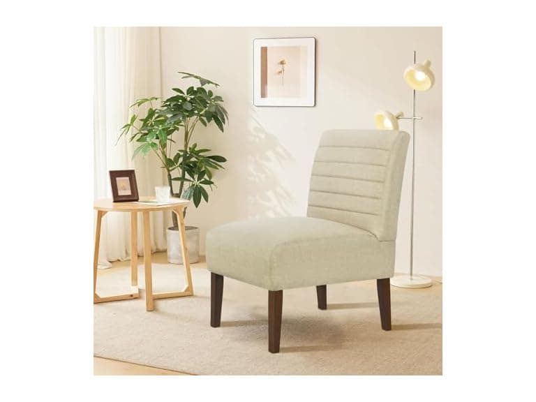 Lewahom Slipper Accent Chair Modern Armless Lounge Chair with Wood Legs Upholstered Makeup Vanity Tufted Side Chair Fabric Comfy with Decor Back for Living Room Bedroom Patio (Horizontal Back, Beige) (Open Box) - Image 1