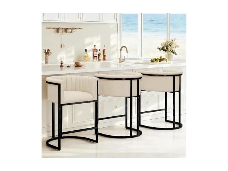 Mearounliving 26" H Counter Height Bar Stools Set of 3, Modern Barrel Counter Stools with Backrest and Arms, Linen Fabric Upholstered Accent Barstools for Kitchen Island, Black Metal Frame/Sand Linen (Open Box) - Image 1