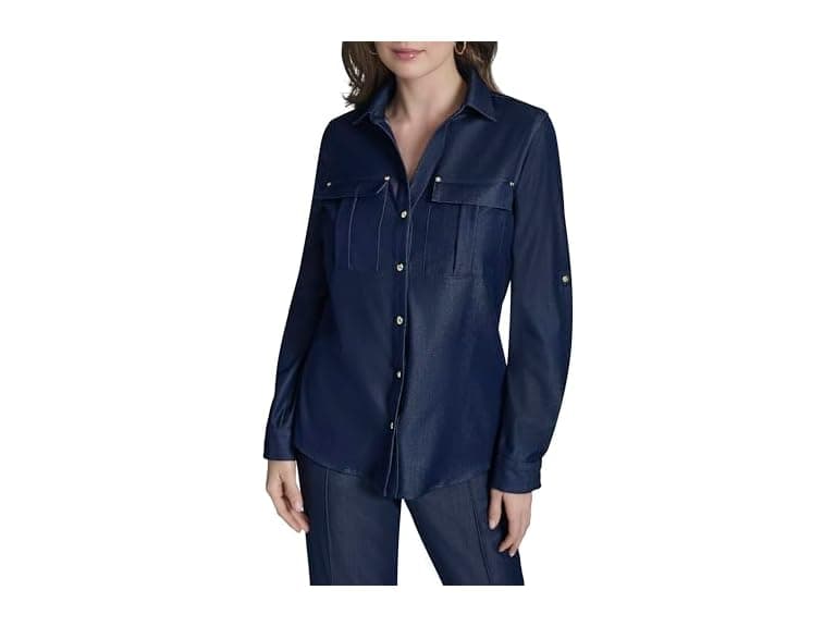 HALSTON Women Roll-tab Sleeve Denim-like Top - Image 1