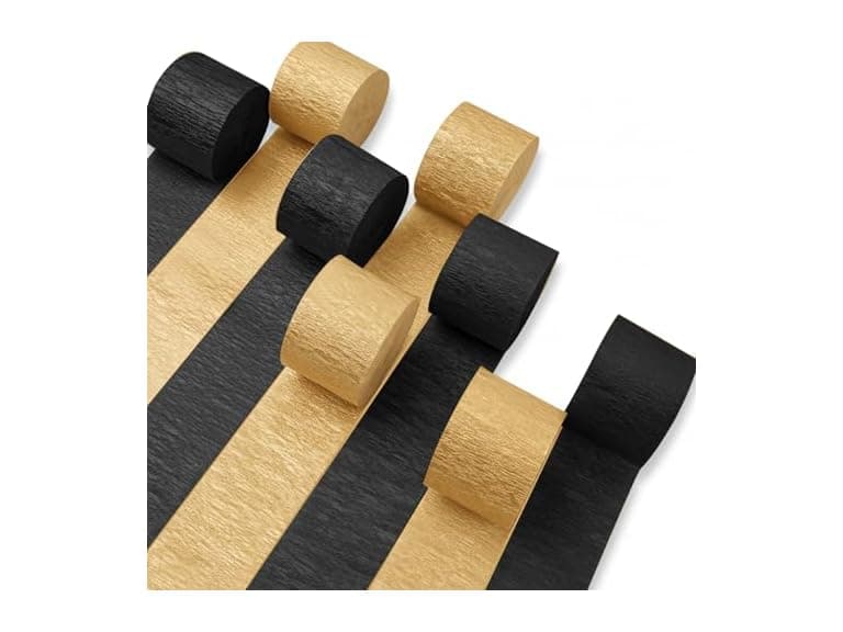 PartyWoo Black and Gold Metallic Black Crepe Paper Streamers - Image 1