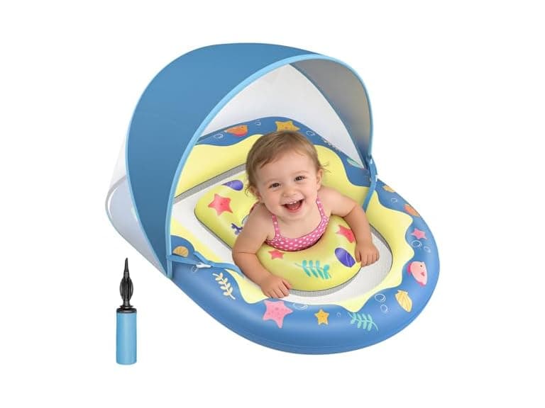 JUNLLY Baby Pool Float with Canopy, Blue - Image 1