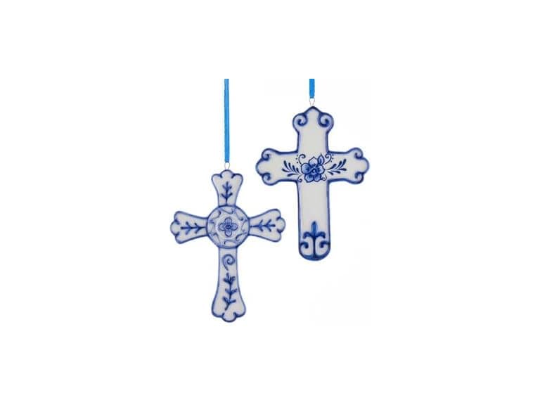 Kurt Adler 4" Porcelain Delft Blue Cross 2/asstd - Image 1