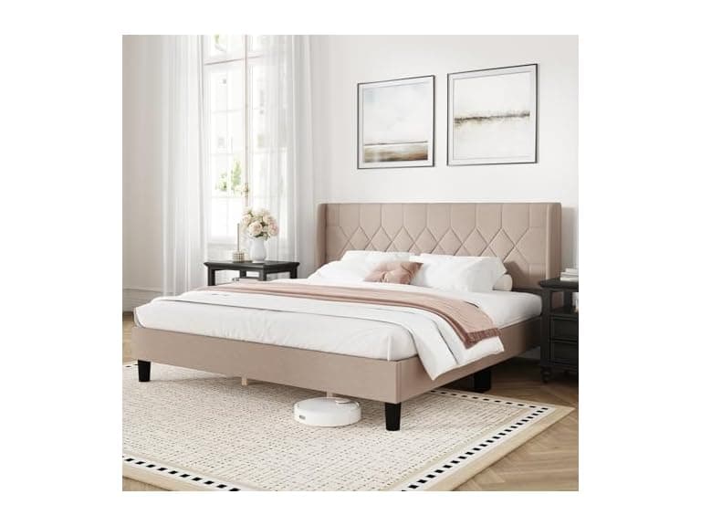 Novilla King Bed Frame with Linen Headboard - Image 1