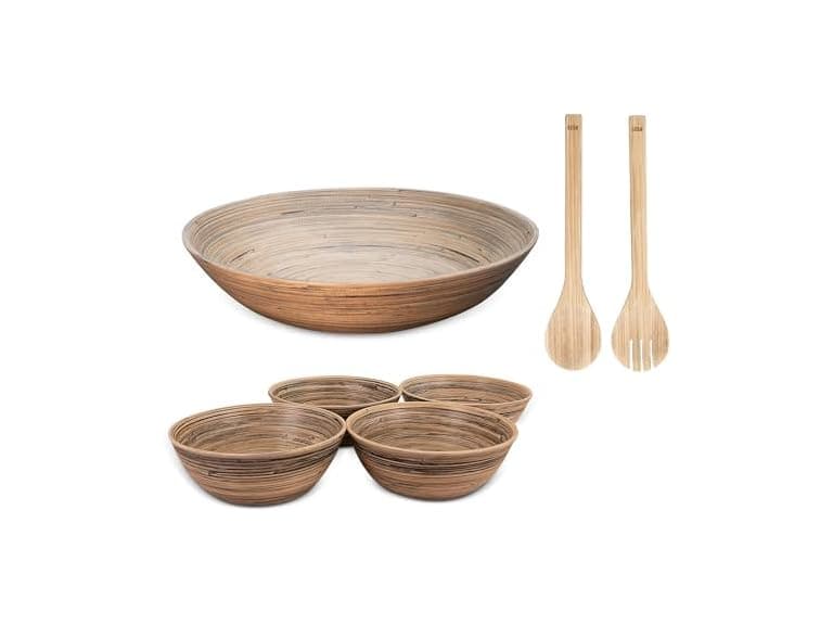 LEXA 6-Piece Handcrafted Bamboo Salad Bowl Set (Black) - Image 1