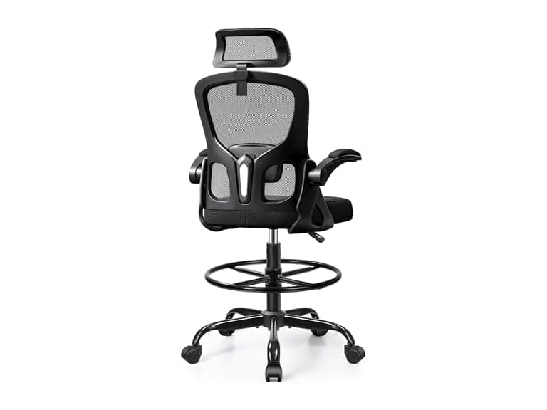 FINATI Drafting Chair, Tall Office Chair for Standing Desk, Ergonomic High Back with Headrest, Lumbar Support, Foot Ring and Flip-up Armrests, Black (Open Box) - Image 1