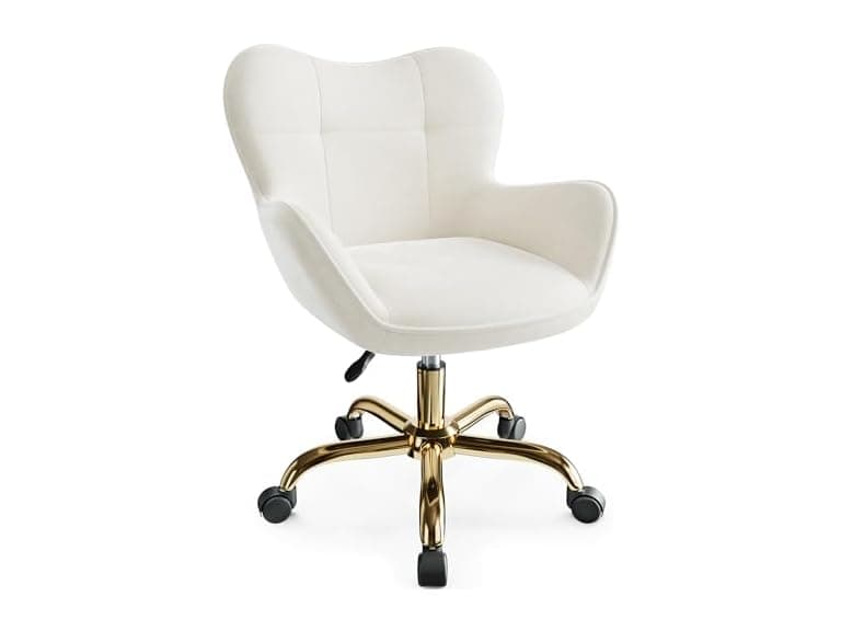 BestEra Vanity Chair with Wheels, Cute Home Office Desk Chairs Adjustable Height for Living Bedroom, Small Modern Fluffy Velvet Makeup Chair with Back for Girls (White) (Open Box) - Image 1