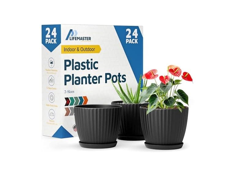Lifemaster Black 6-Inch Plant Pots with Drainage & Saucers 24 Pack - Image 1