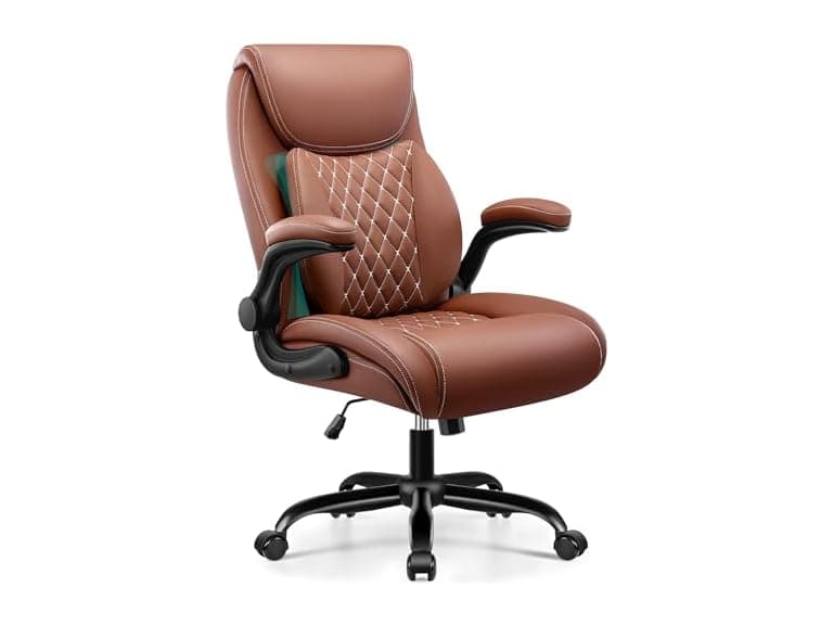 Office Chair, Ergonomic Desk Chair with Lumbar Support for Lower Back Pain Relief, Executive Leather Chair with Padded Flip-up Armrests and Wheels, Brown (Open Box) - Image 1