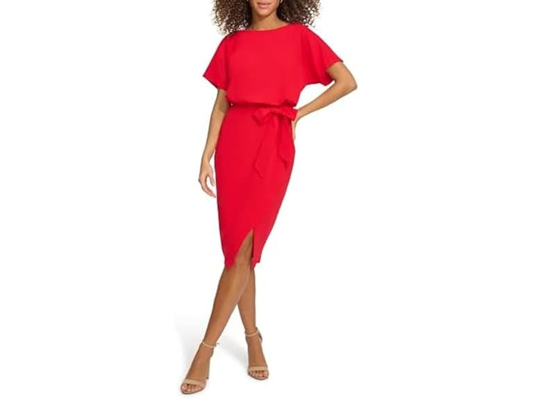 Kensie Women Short Sleeve Tie Waist Midi Dress - Image 1