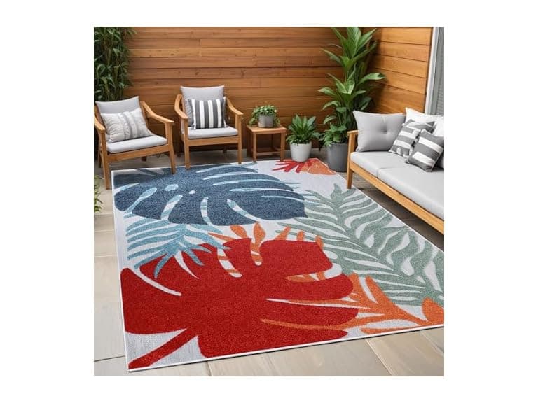 Superior Modern Tropical Leaves Coastal Indoor Outdoor Rug - Image 1