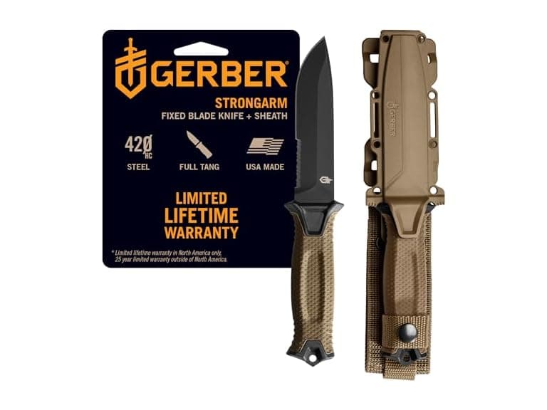 Gerber Gear StrongArm - Fixed-Blade Camping & Hunting Knife with Striking Pommel & Sheath - Premium Survival Gear - Made in USA - Coyote Brown, Serrated Edge (Open Box) - Image 1