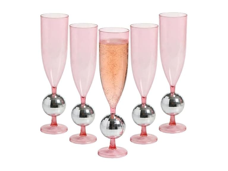 Fun Express 9" 6 oz. Silver Disco Ball Stem Pink Flutes - Image 1
