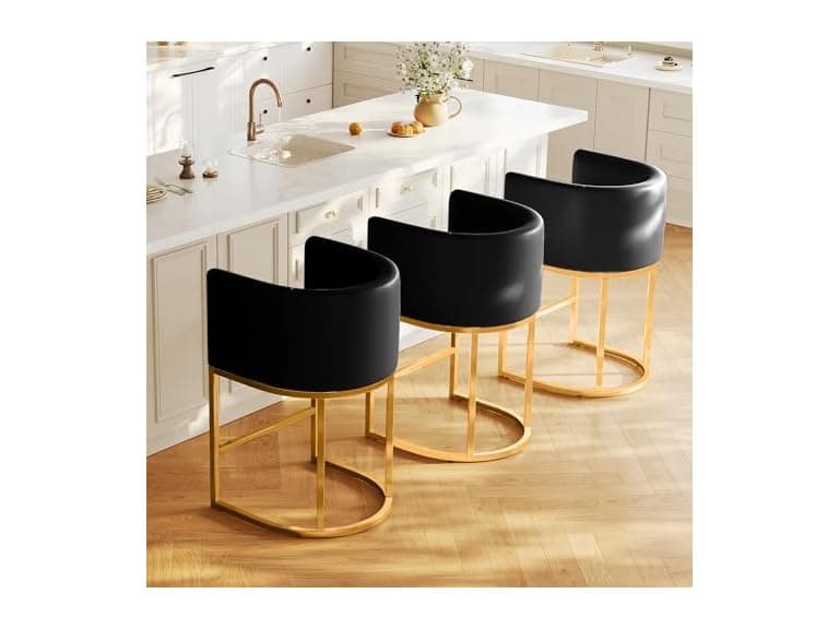 LVHOMLAX Modern Counter Height Bar Stools,Bar Stools Set of 3,PU Leather Upholstered Barrel Barstools with Backs,26'' Kitchen Island Chairs,Metal Gold Frames,Black Leather (Open Box) - Image 1