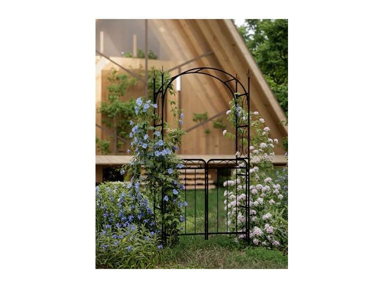 8ft Metal Garden Arch with Gate Black - Image 1