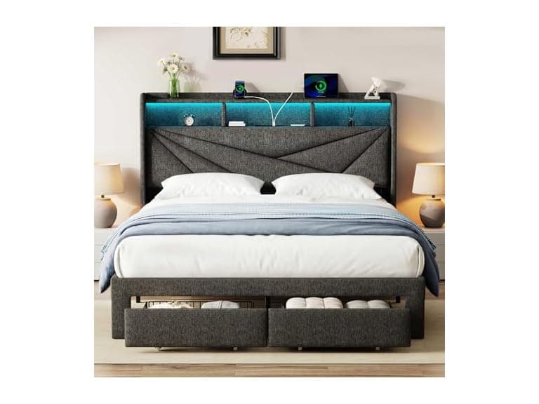 Blissivia Queen Bed LED USB Drawers Grey - Image 1