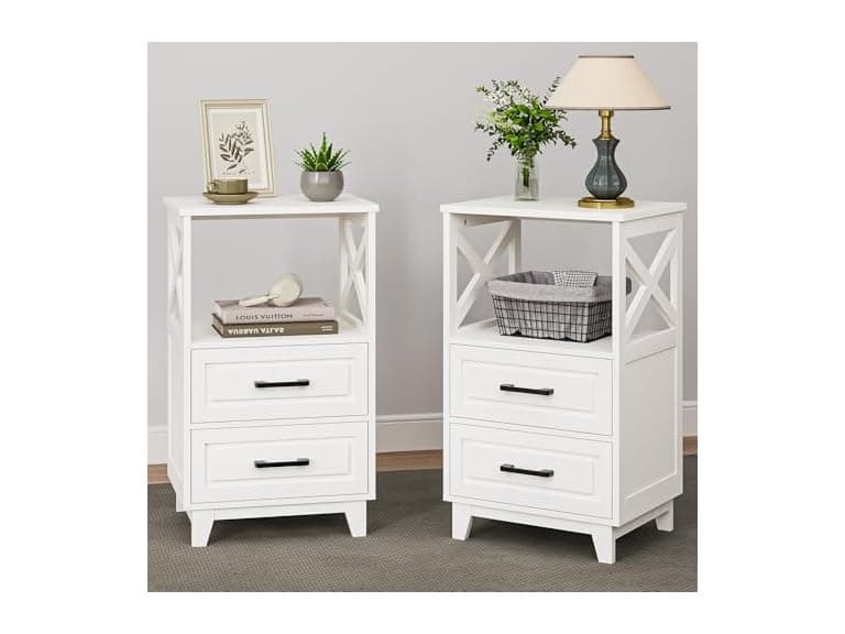 RoyalCraft 30" Tall Nightstand, Modern Painted Bedside Table with 2 Drawers and Open Shelf, Wood Side Table for Bedroom, Home Office, White-Open Shelf Above, Set of 2 (Open Box) - Image 1