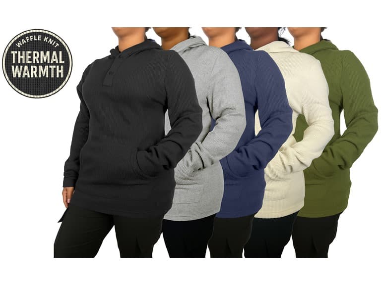 5Pk Womens Waffle-Knit Henley Pullover Hoodie - Image 1