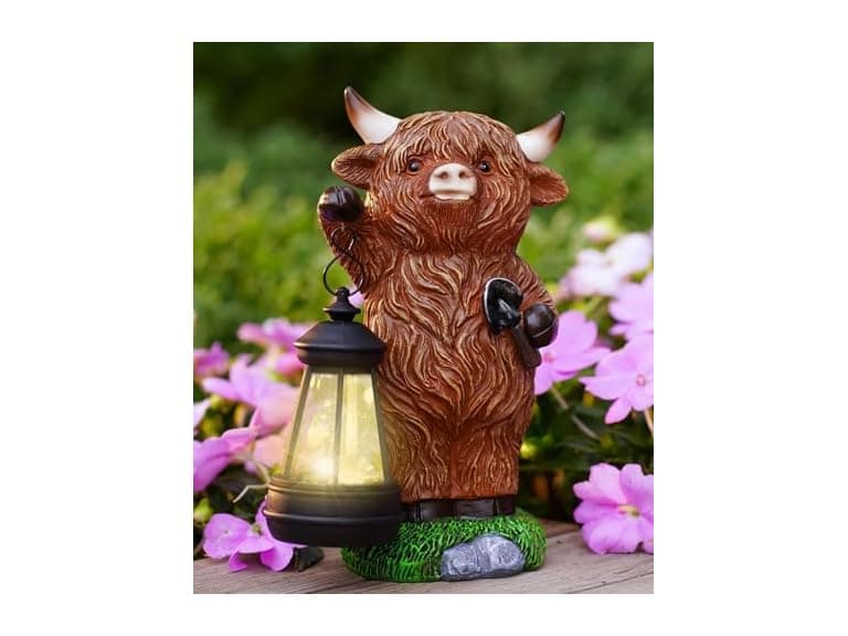 Highland Cow Garden Decor with Lantern - Image 1